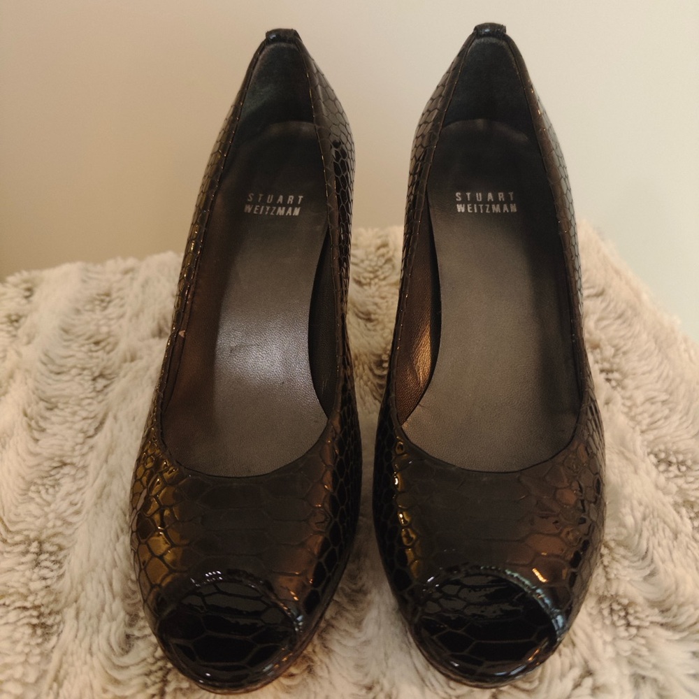 Stuart Weitzman Black Croc Peep Toe Pumps